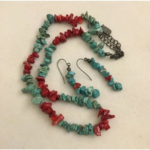 Genuine Turquoise & Red Coral Gemstone Strand Necklace/Earring Set - Picture 2 of 2